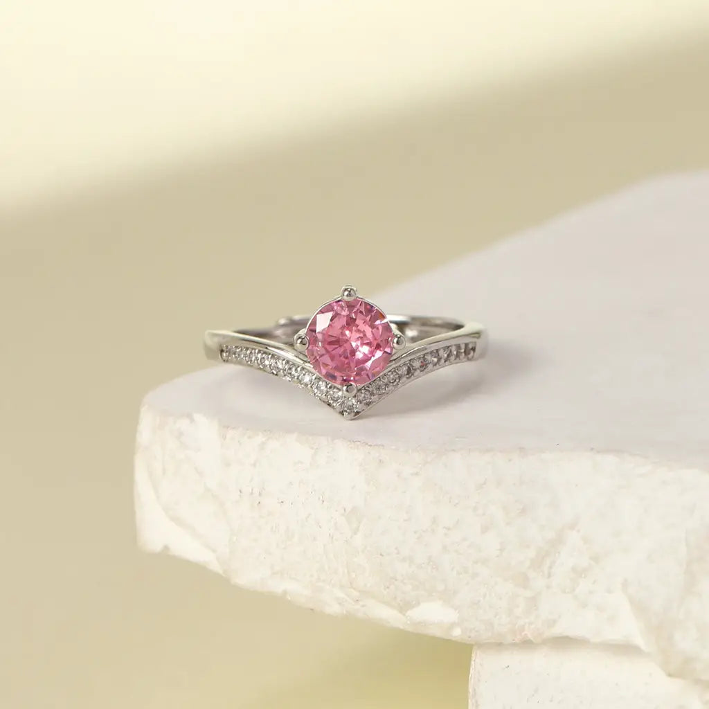 Elegant Pink Crystal V-Shaped Ring